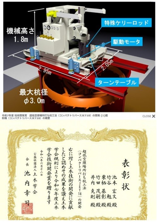 「超低空頭場所打ち杭工法」が土木学会技術開発賞を受賞
